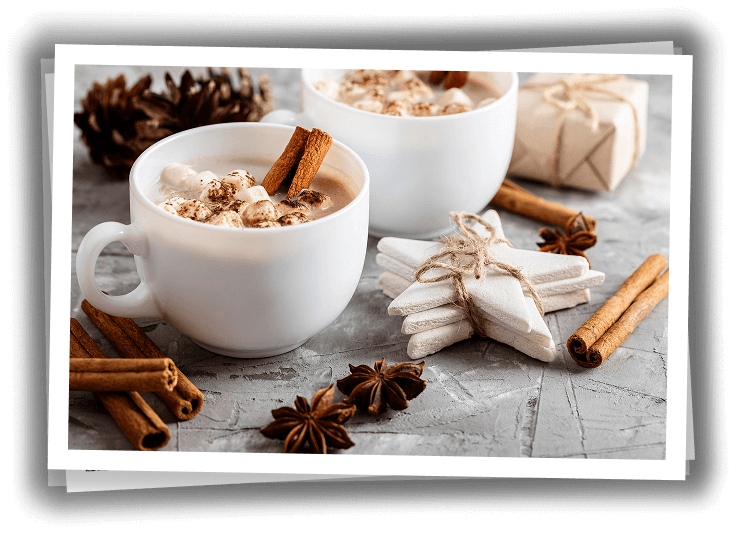 2 hot drinks decorated with cinnamon sticks